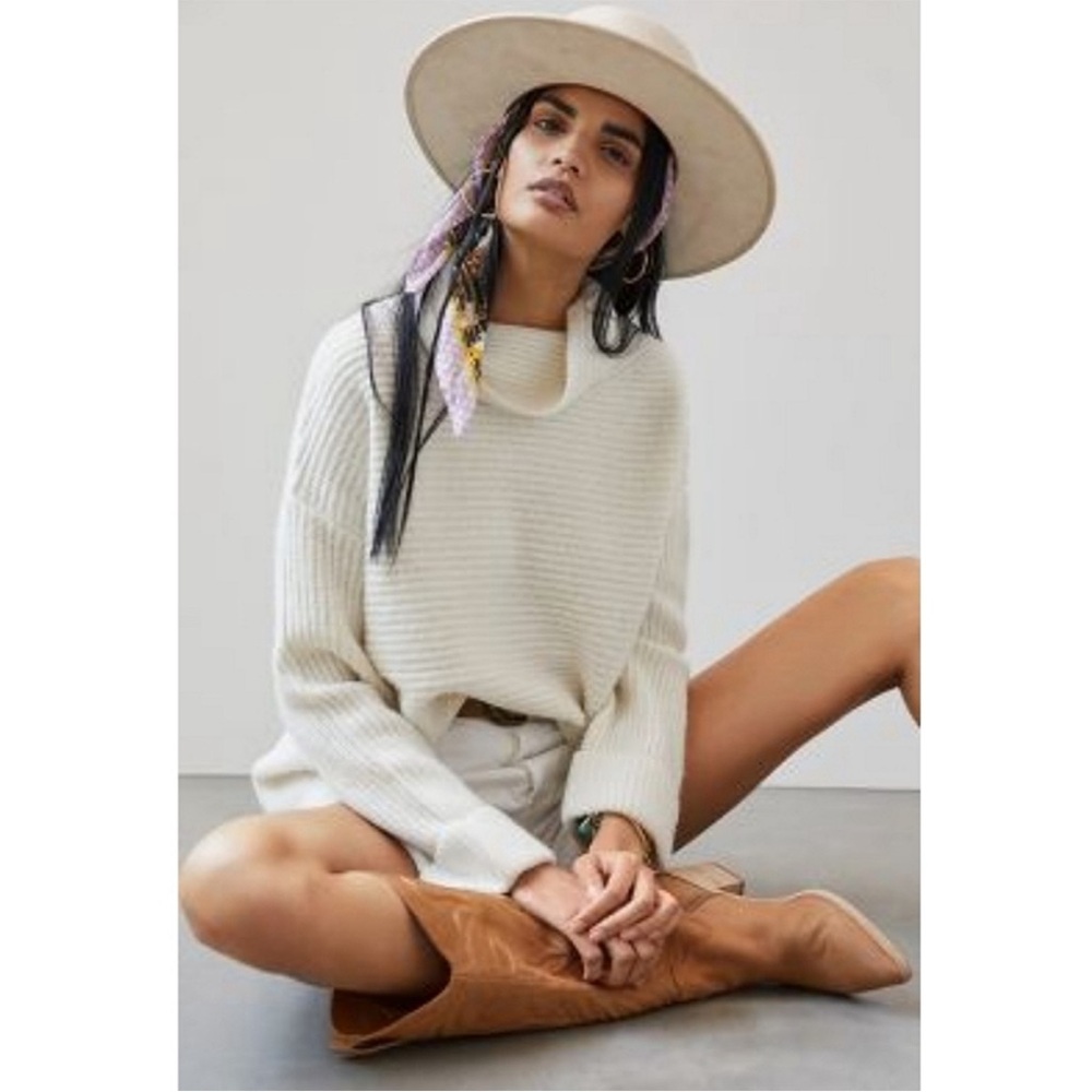 Anthropologie Cream Ribbed Cowl Neck Sweater